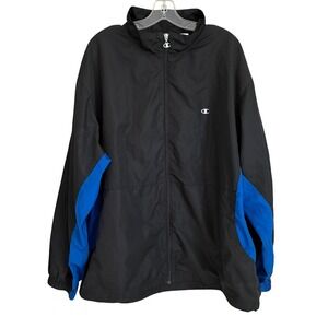 Champion Mens XXL Black Blue Colorblock Mesh Lined Full Zip Windbreaker Jacket